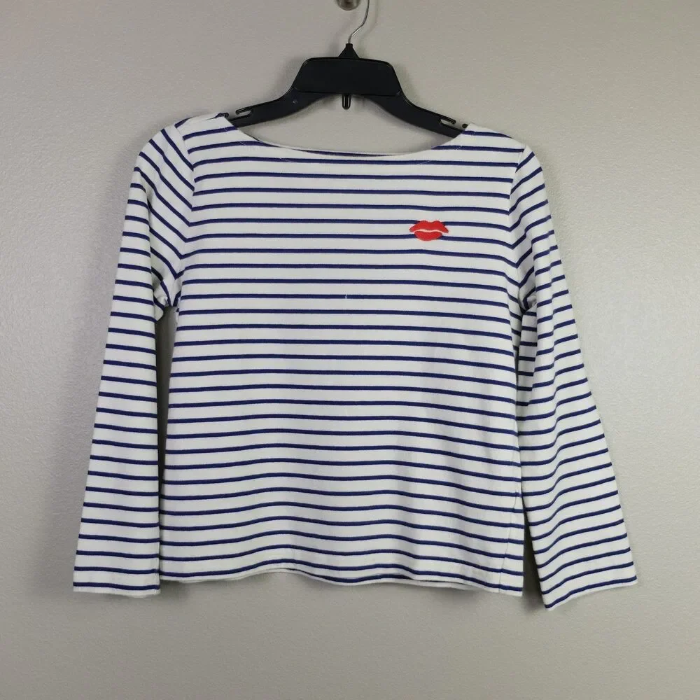 J Crew White Navy Blue Classic Mariner Boatneck 3/4 Sleeves Size XS
